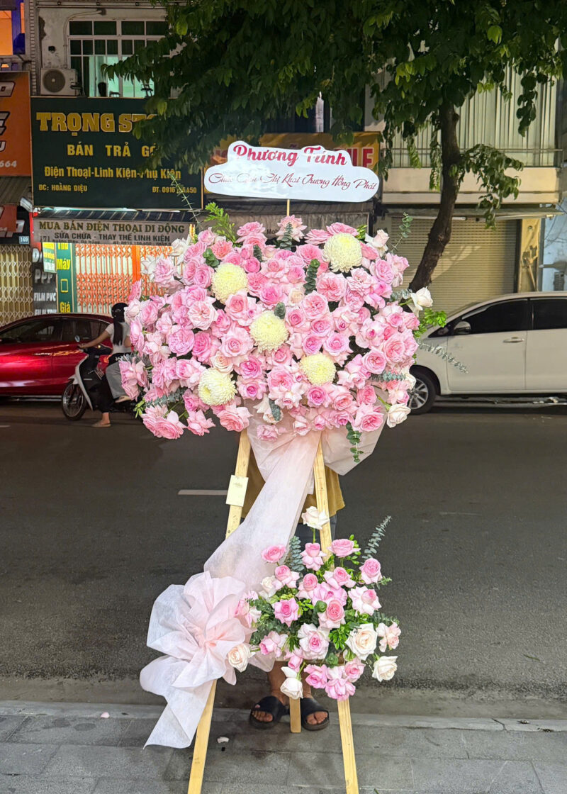 Kệ khai trương tone hồng mix cúc mẫu đơn
